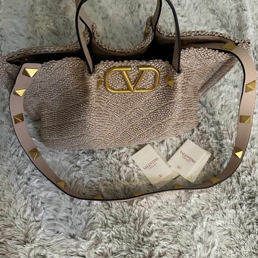 Valentino Textured Beige Tote with Gold Accents
